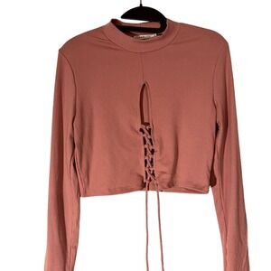 Heart & Hips Mauve  Ribbed Crop Top Women Large Long Sleeve Corset Tie Front Y2K